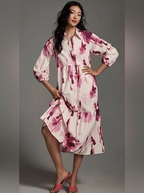 Maeve Bettina Tiered Shirt Dress in Pink Watercolor Floral Pattern size small